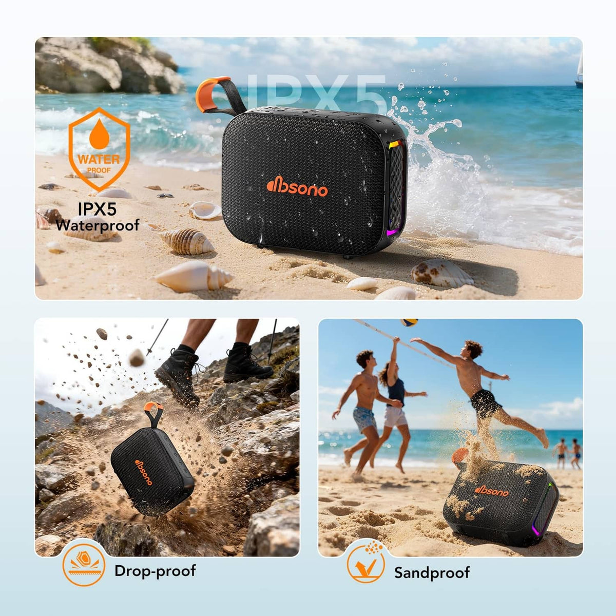 Portable Bluetooth speaker with IPX5 waterproof design, black body and orange accents