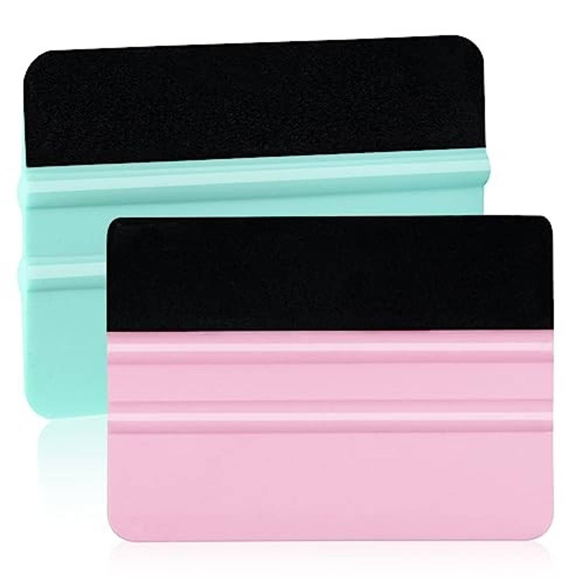 Teal and pink vinyl squeegee tools with black felt pads, angled stack view