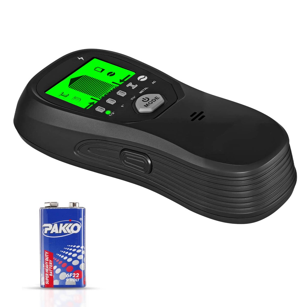 Black electronic wall scanner with green LCD display and MODE button