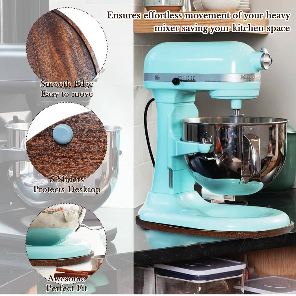 Walnut oval slider mat for mixer base, shown as protective desktop cover