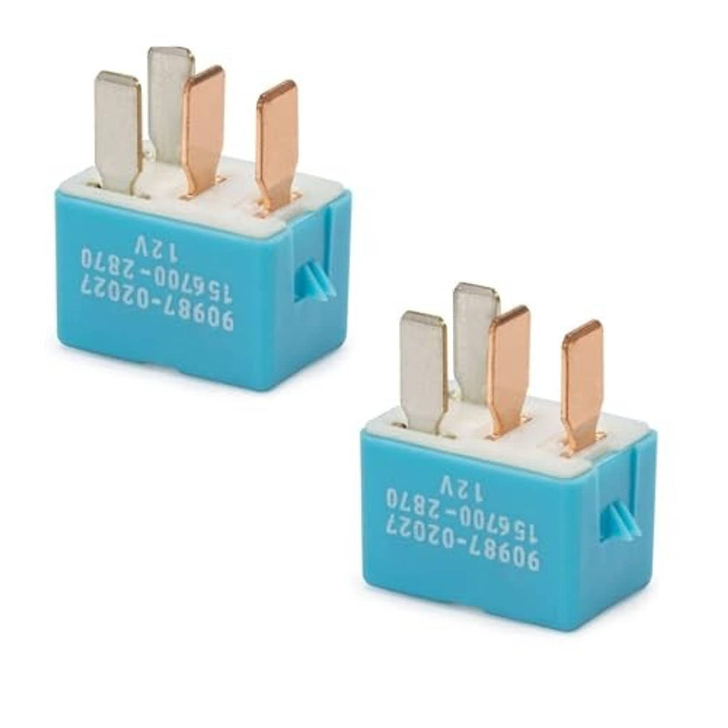 Two blue 4-pin 12V AC relay modules with 4 plug-in pins and copper contact blades