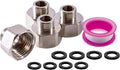 Brass water line adapter pack with four threaded reducers, rubber washers, and pink tape