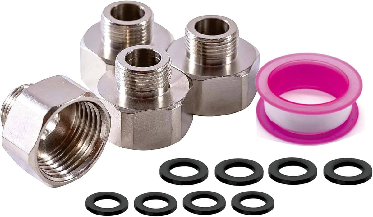 Brass water line adapter pack with four threaded reducers, rubber washers, and pink tape