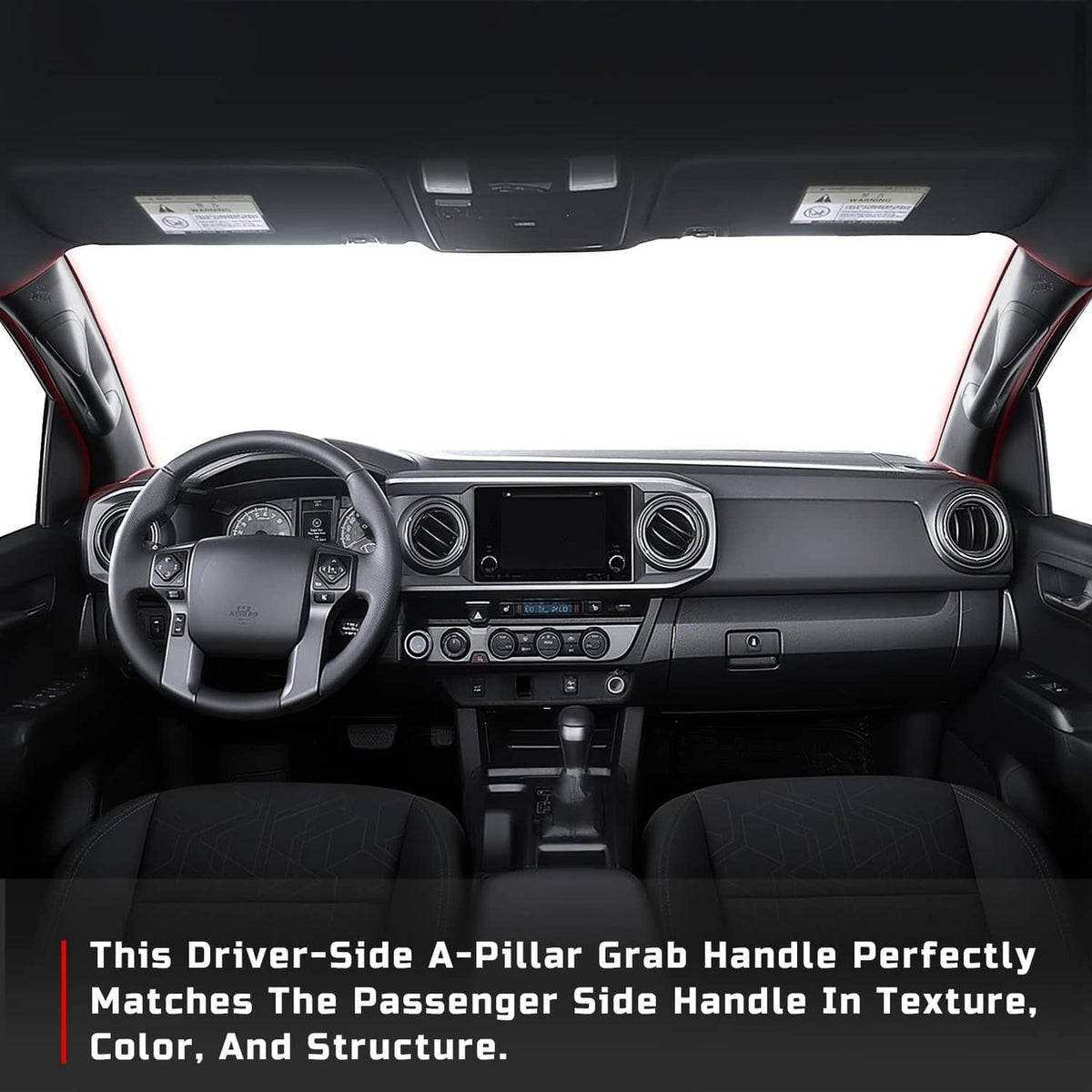 Dashboard interior view with installed black driver-side A-pillar grab handle