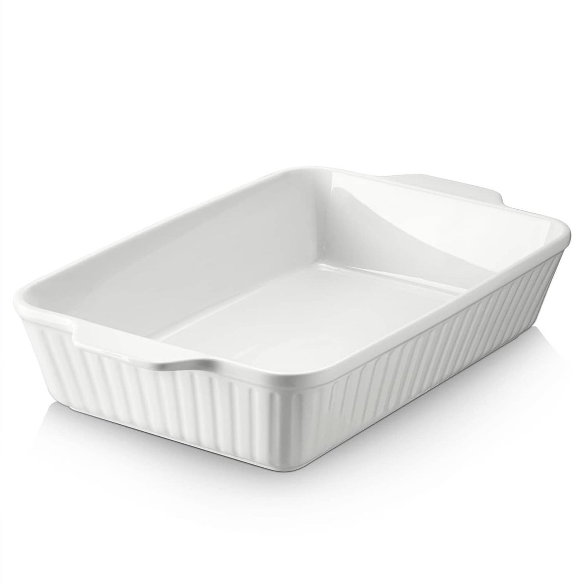 White ceramic 9x13 lasagna baking dish, rectangular with ribbed sides and side handles.