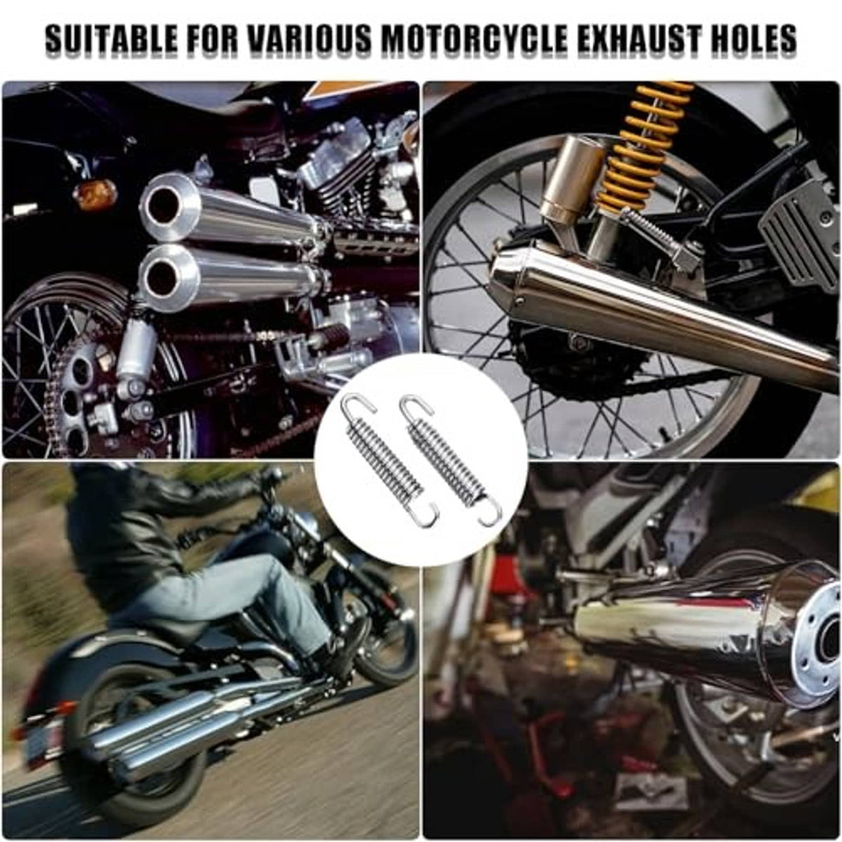 Motorcycle exhaust spring kit mounted on exhaust pipes, with inset of two stainless coils