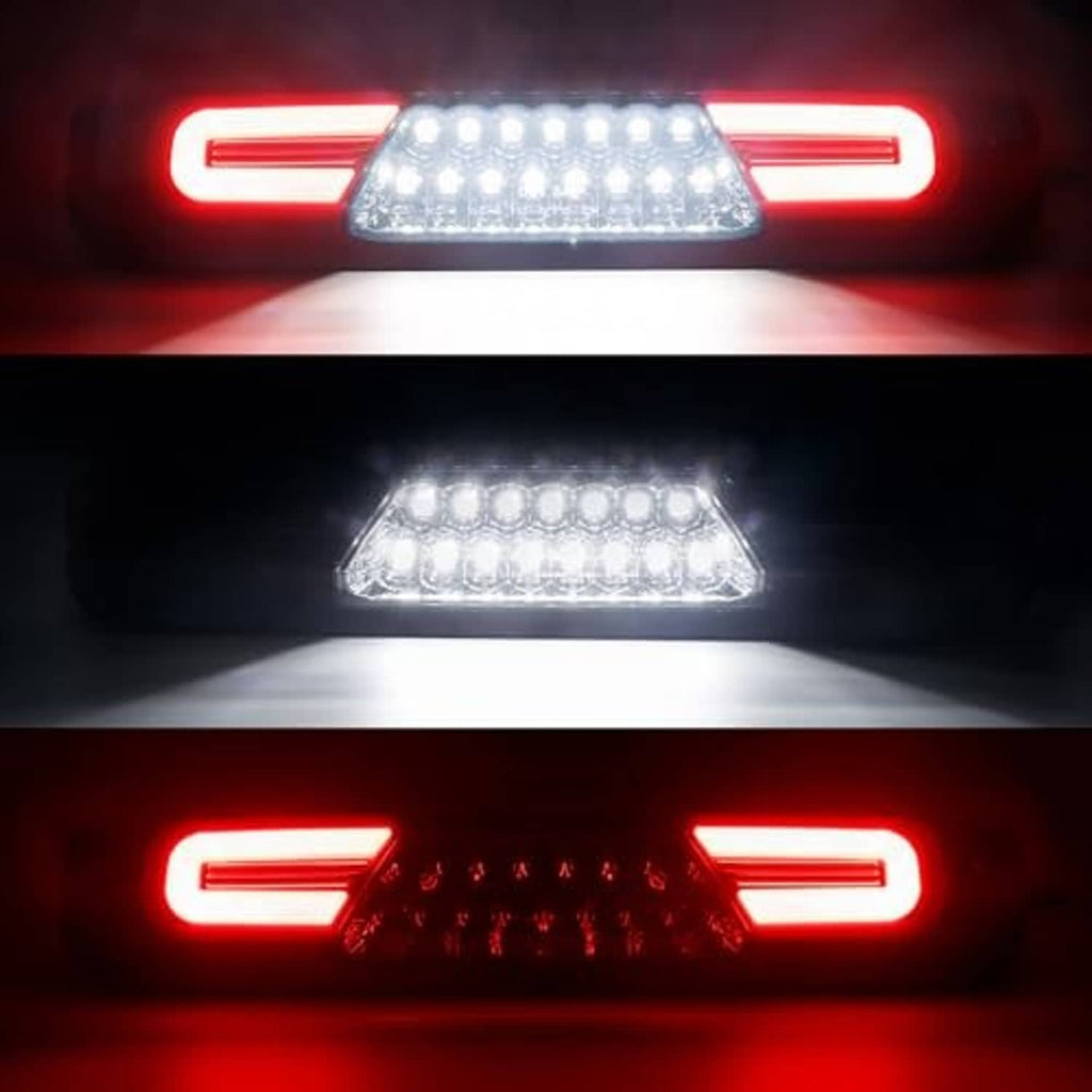 Smoked-lens LED third brake light close-up with bright red side LEDs and clear center