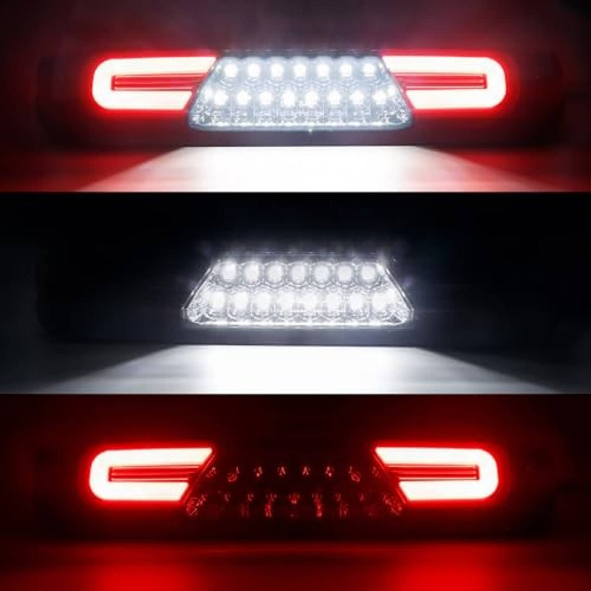 Smoked-lens LED third brake light close-up with bright red side LEDs and clear center
