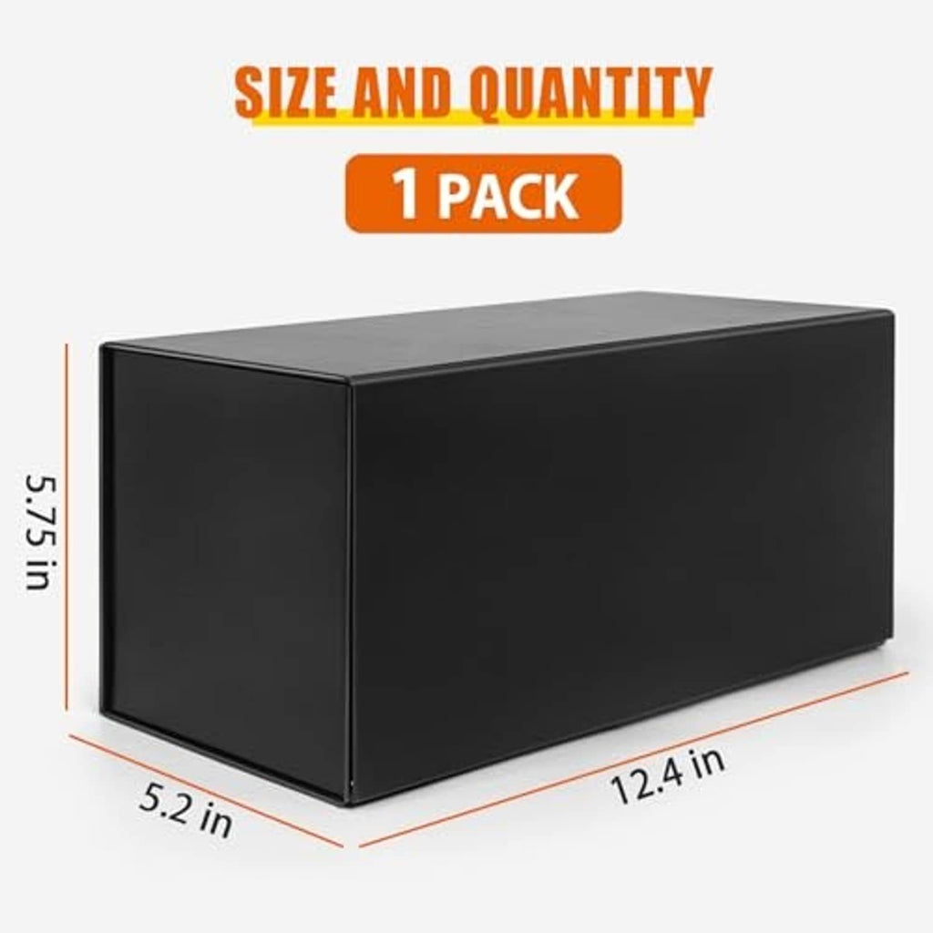Black CD/DVD storage box, rectangular front view with size dimensions