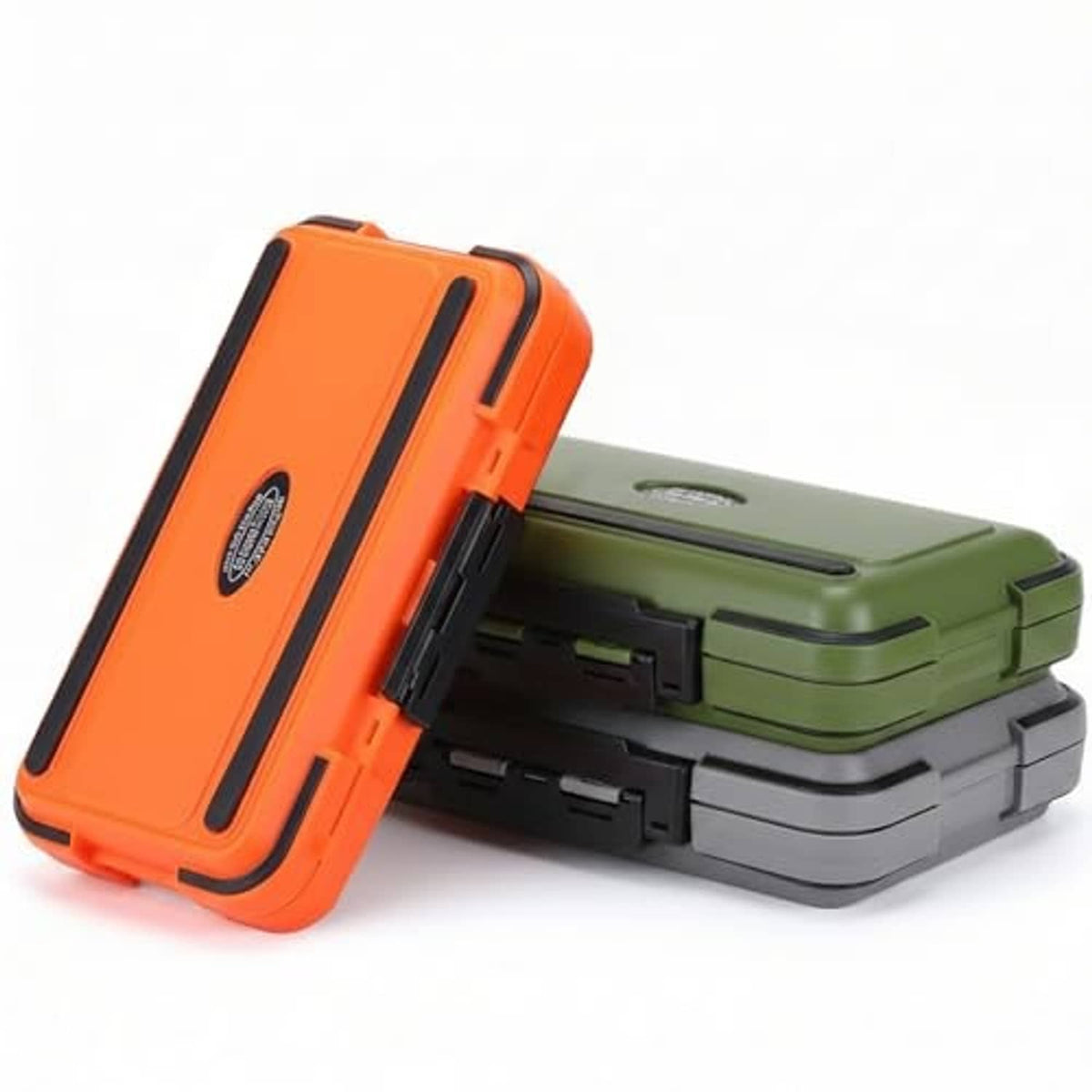 Mini waterproof tackle box organizer, orange lid and olive-green base with open inner compartments