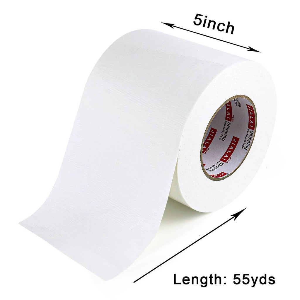 White duct tape roll showing 5-inch width and roll length, adhesive tape on core.