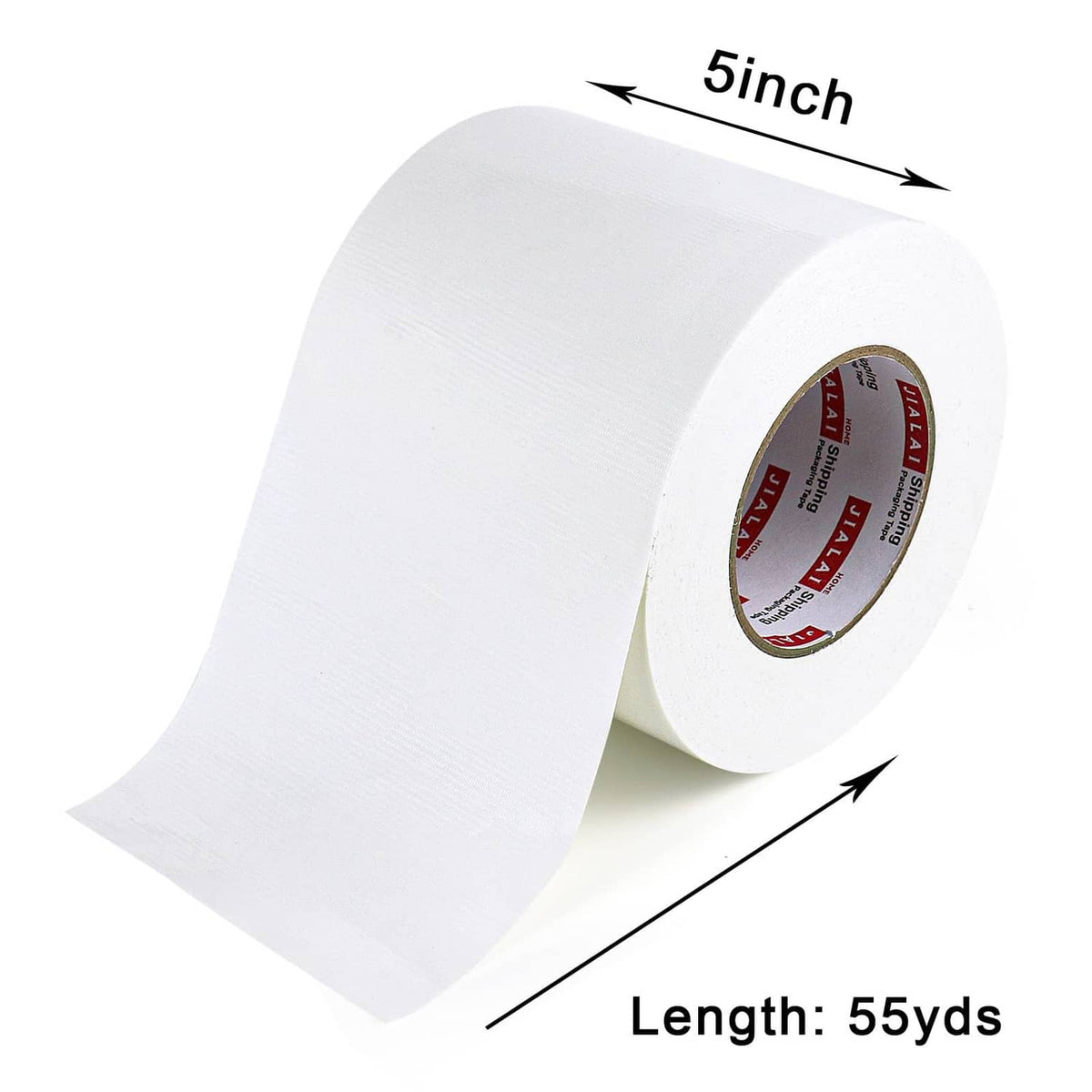White duct tape roll showing 5-inch width and roll length, adhesive tape on core.
