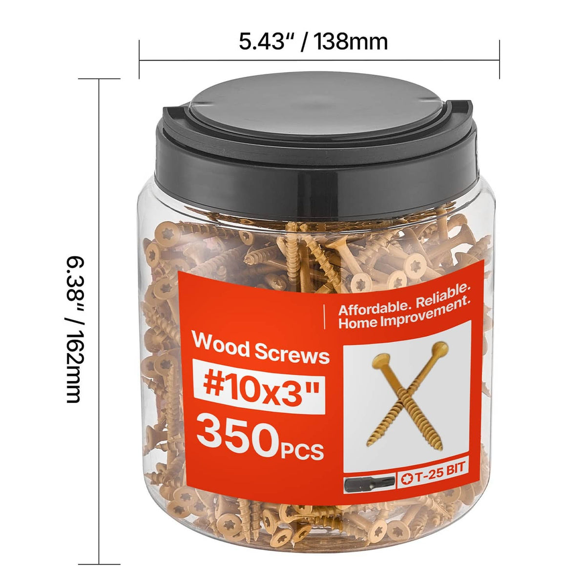 Jar of wood deck screws, #10x3, 350 pcs, side view with dimensions