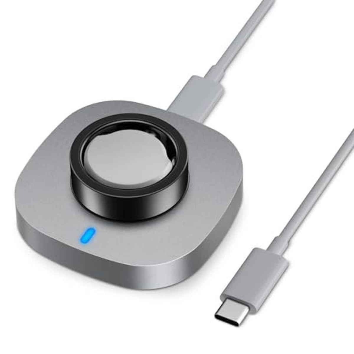 Grey charging dock with black cradle ring, USB-C cable plug, and blue LED