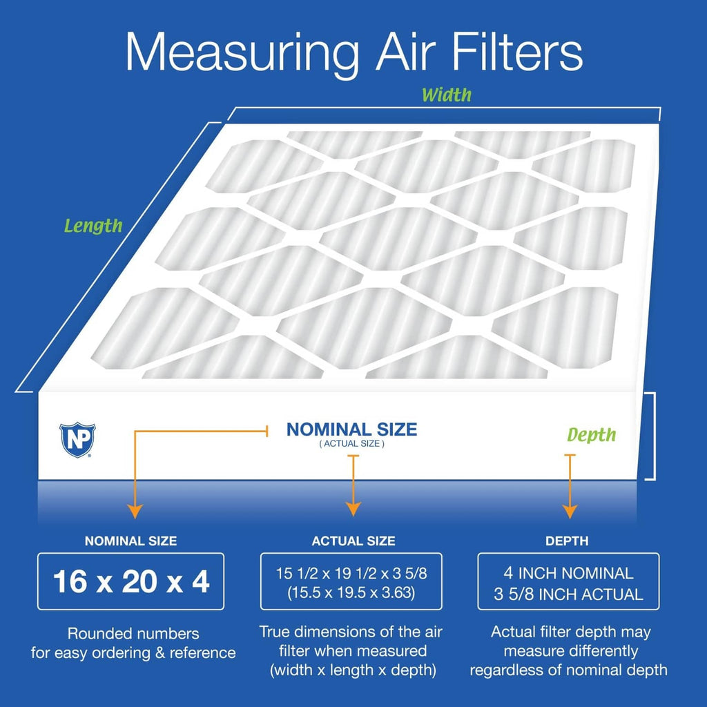 Pleated air filter dimension diagram: 16 x 20 x 4 nominal vs actual size