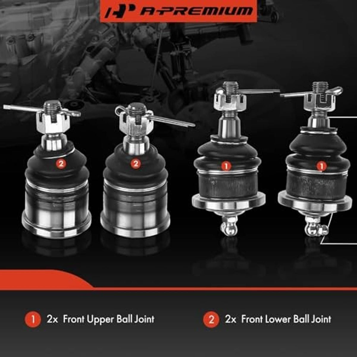 Upper and lower ball joints set with grease fittings and rubber boots