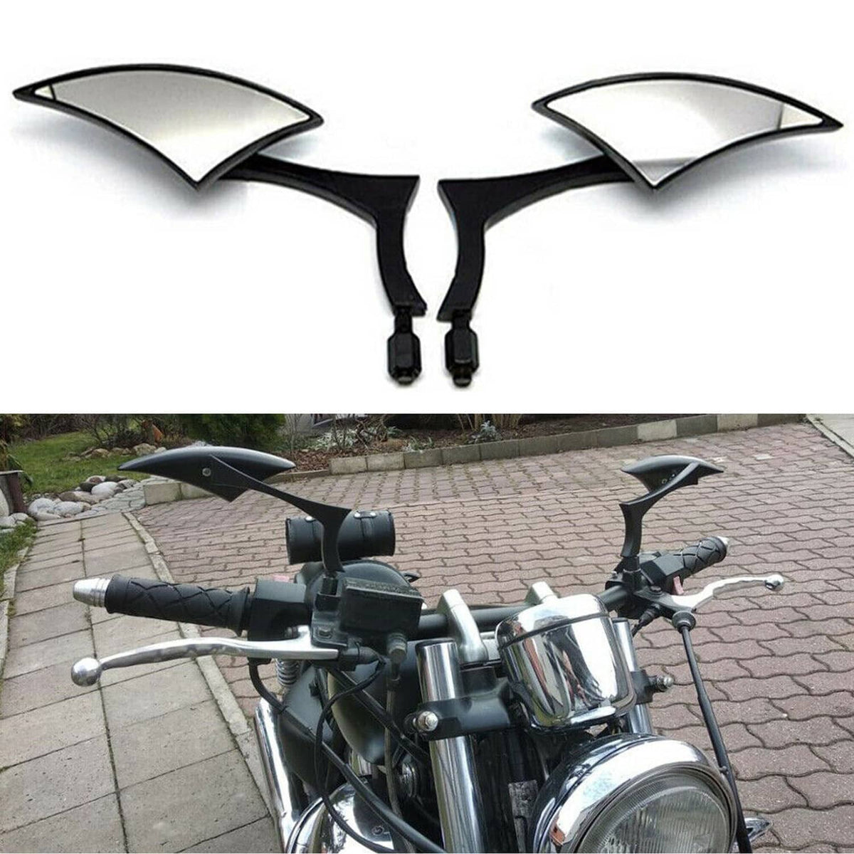 Motorcycle side mirror covers, black pair with mounting posts and screw openings
