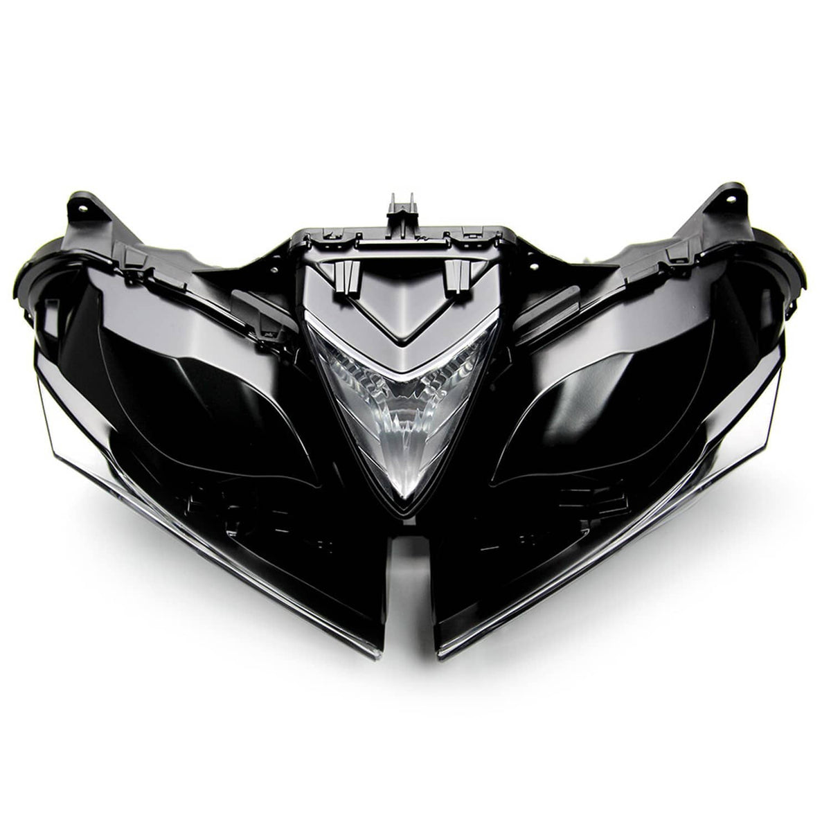 Front headlight assembly front view, clear triangular center lamp and black side panels