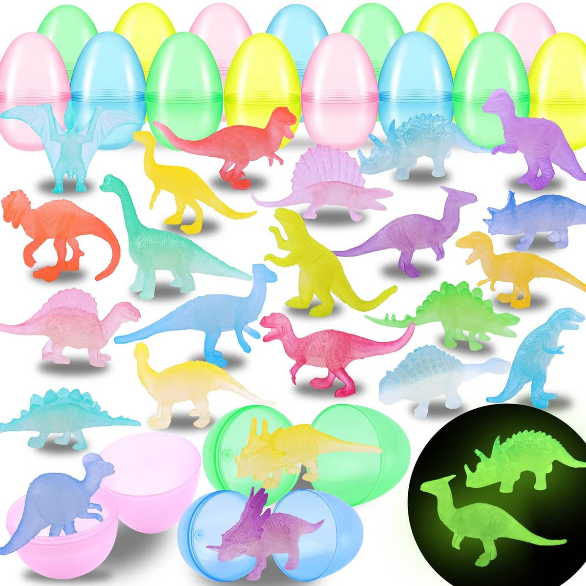 Dinosaur figure toy set with pastel glow eggs and multicolor dinosaur figures