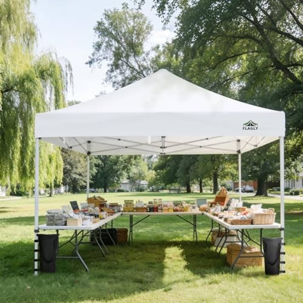 White canopy replacement top over picnic tables with support legs and corner bags
