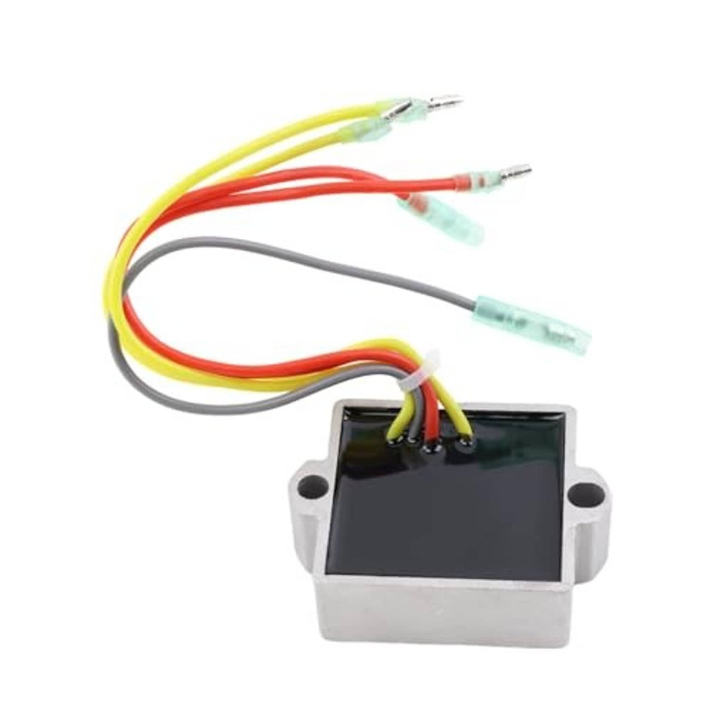 Voltage regulator module with wire leads and black circuit block in white casing