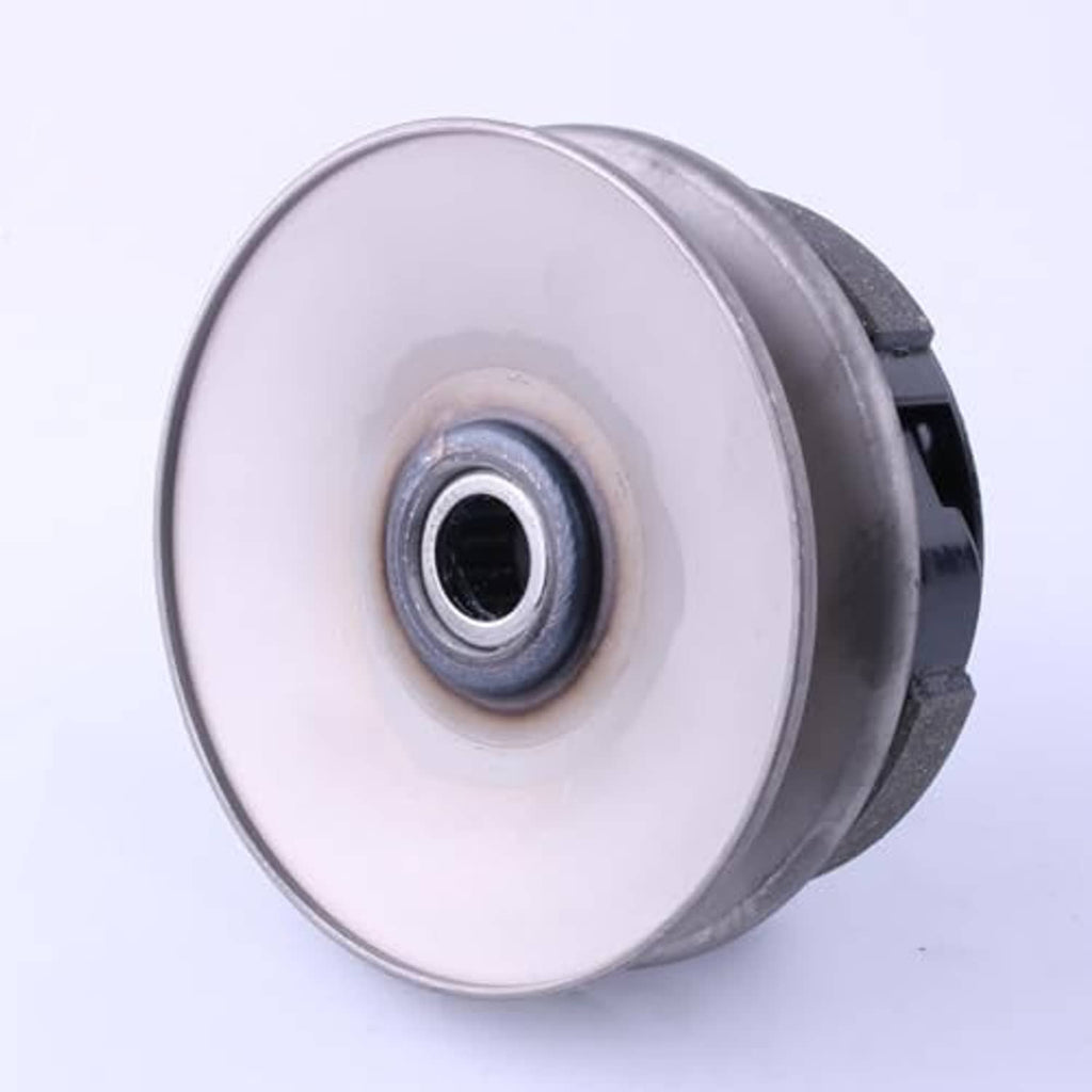 Clutch bell side view, round gray plate with central bearing and black friction component