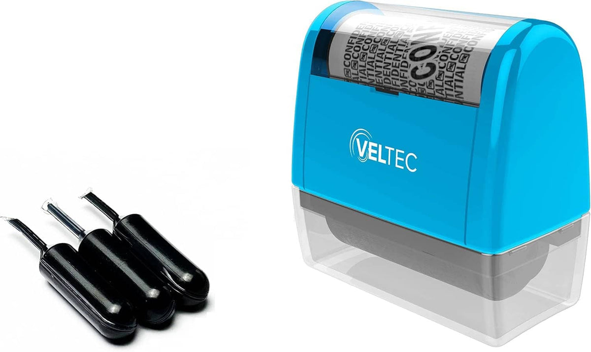 Blue identity ink roller stamp with clear base and black replacement ink cartridges