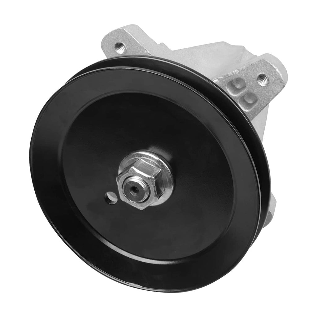 Mower spindle pulley with central bolt and silver mounting bracket, black housing