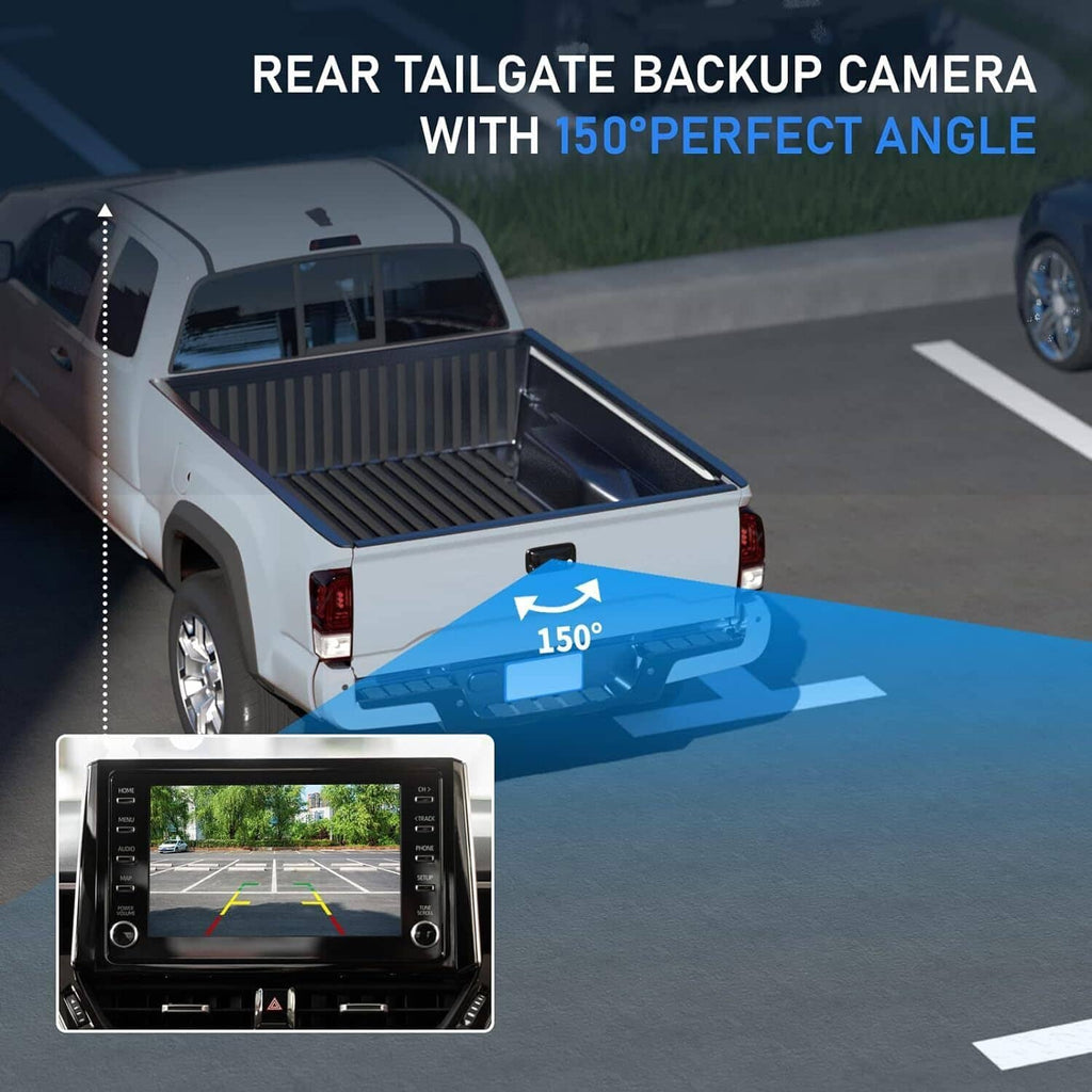 Rear tailgate backup camera with in-cab display showing parking view