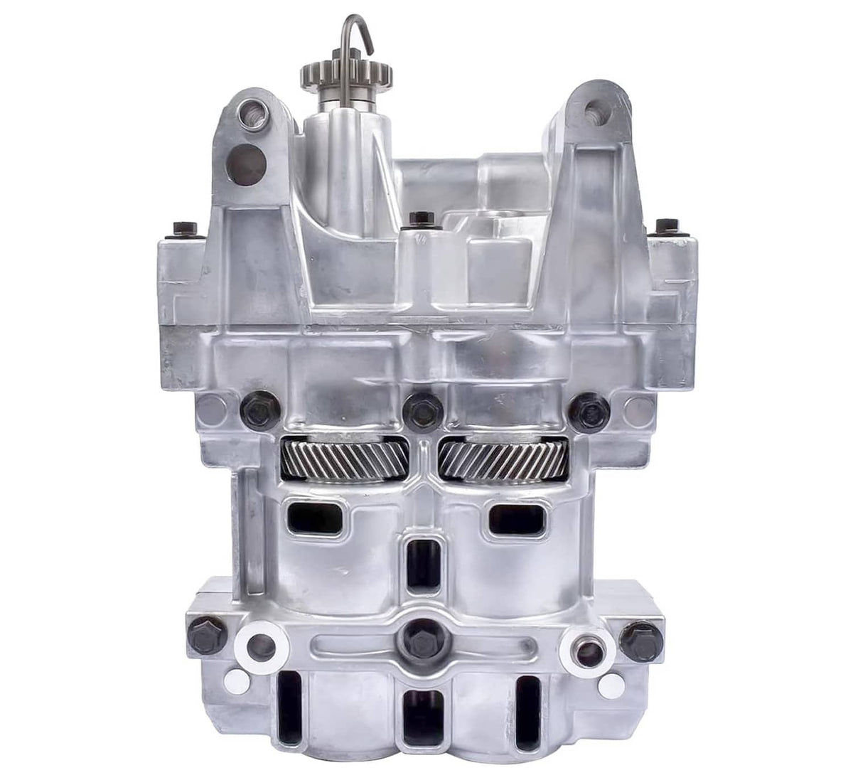Oil pump balance shaft housing, silver metal with mounting ears and port openings.