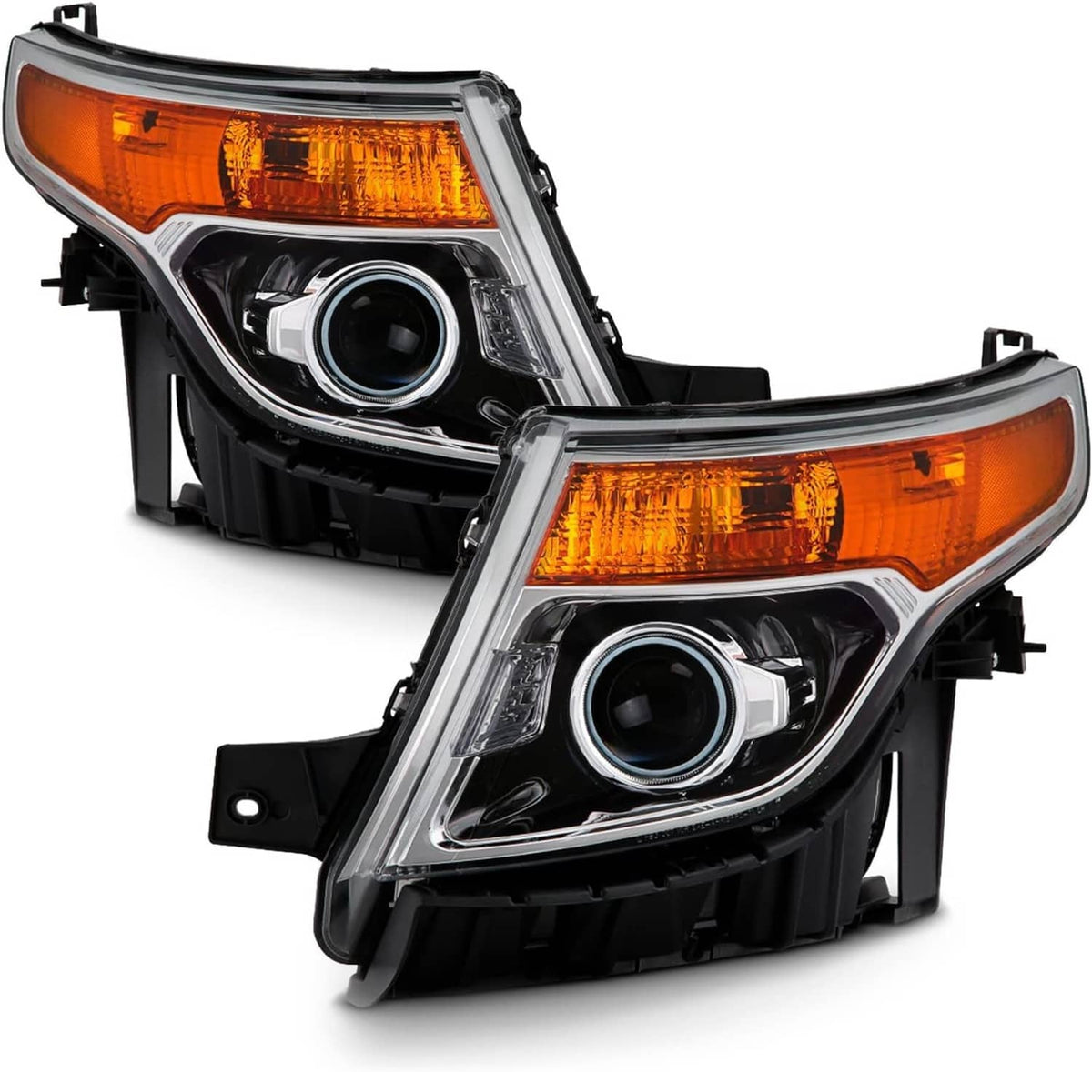 Two black halogen projector headlight assemblies with amber side marker and chrome ring