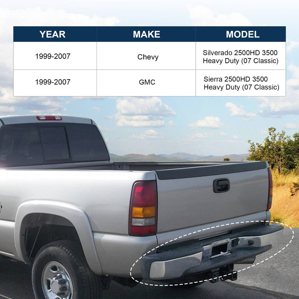 Chrome rear step bumper with black step pads installed on a pickup truck