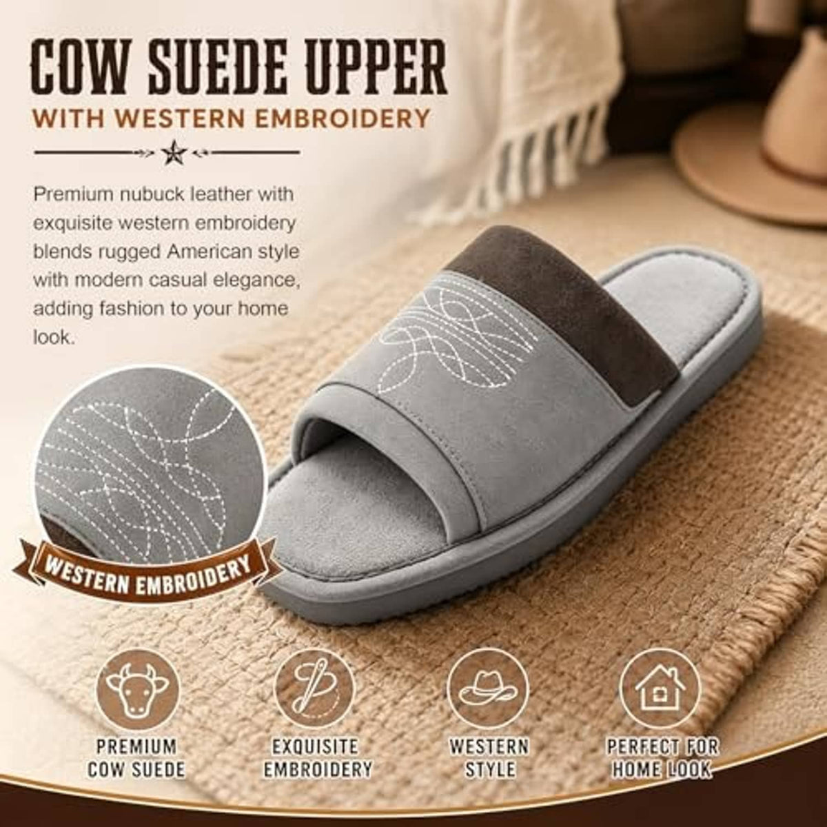 Grey suede slide slippers with open toe, square toe, and western embroidery upper