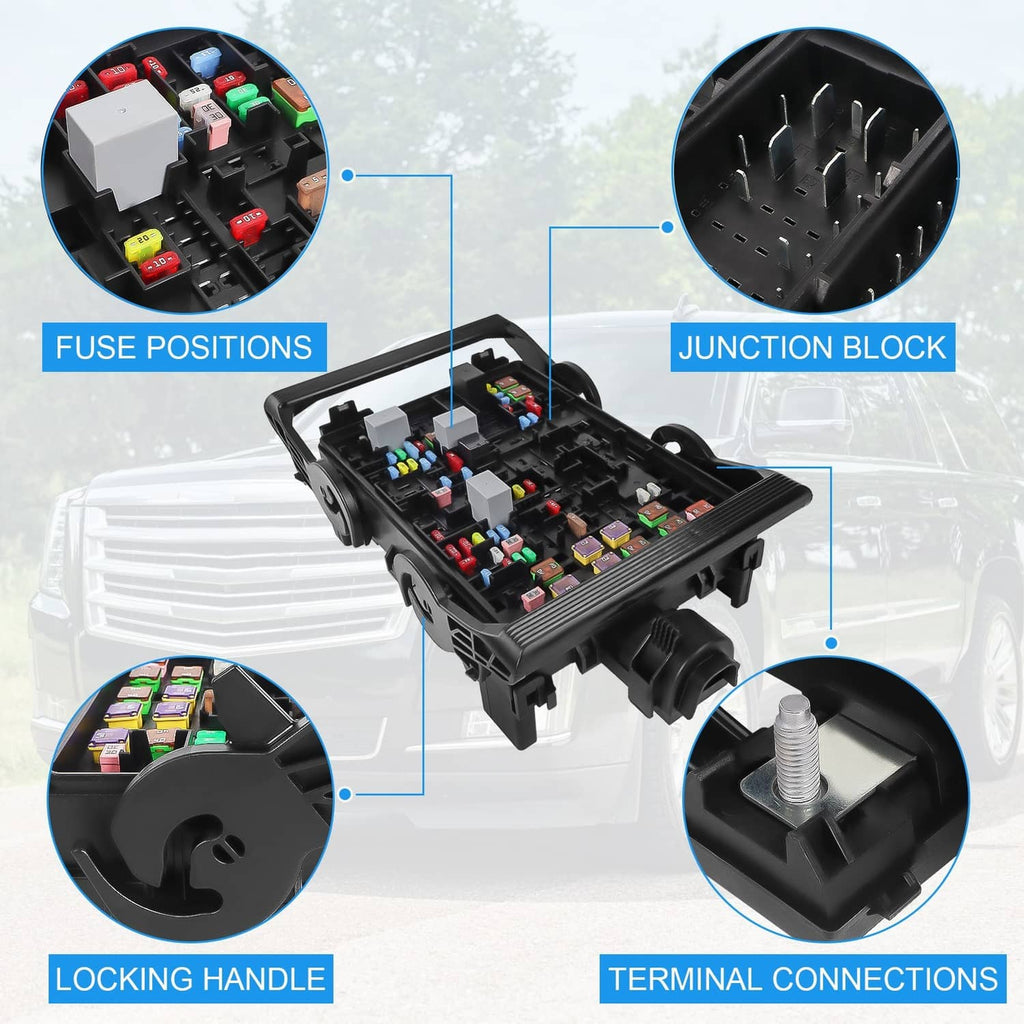 Fuse box junction block with locking handle and terminal connection points