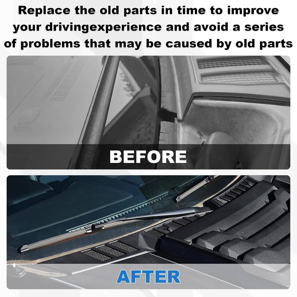 Black windshield wiper cowl grille upgrade shown installed near wiper area