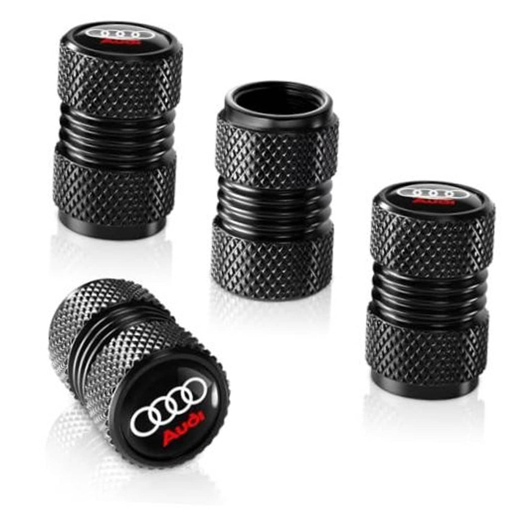 Black knurled tire valve stem cap set with Audi logo, ridged metal-look top