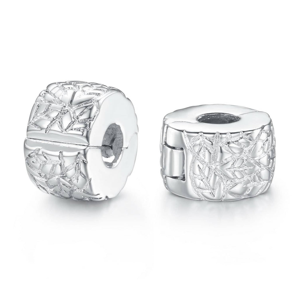 Silver clip spacer charm bead with woven-style cutout pattern, round with center hole