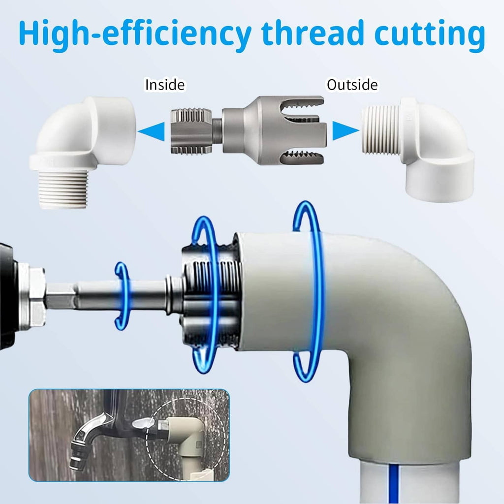 PVC pipe thread cutting tool with internal and outside threading dies