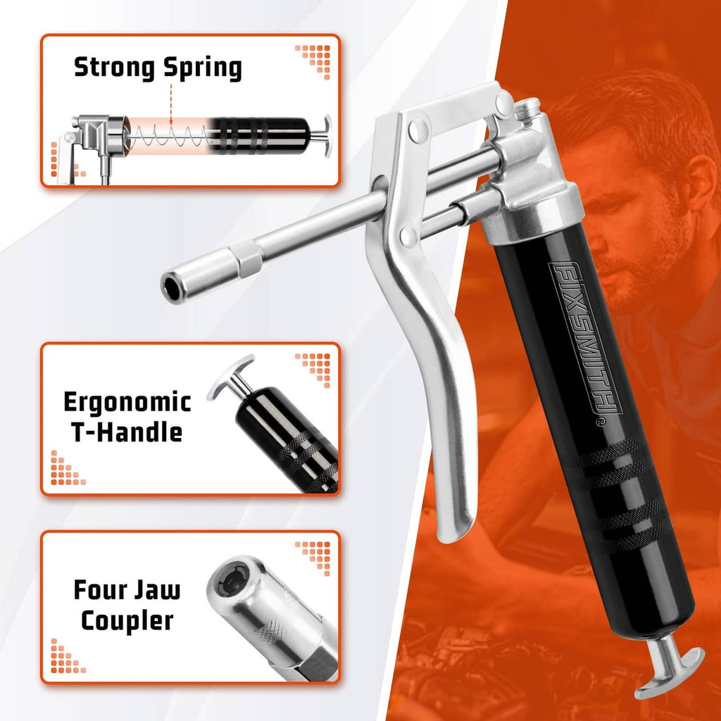Mini grease gun with T-handle lever, black grip, and metal coupler head