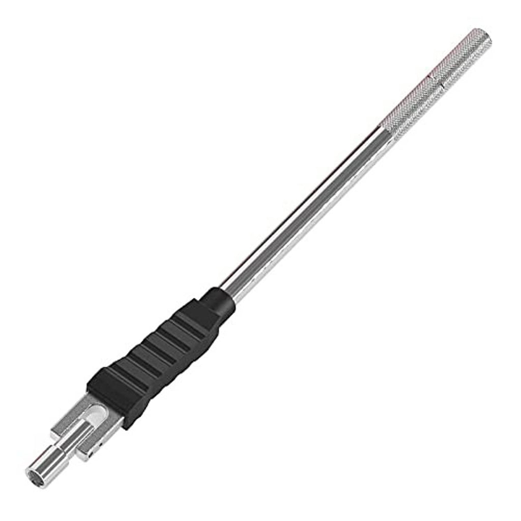 Valve stem puller/installer tool with black ribbed handle and textured metal shaft.