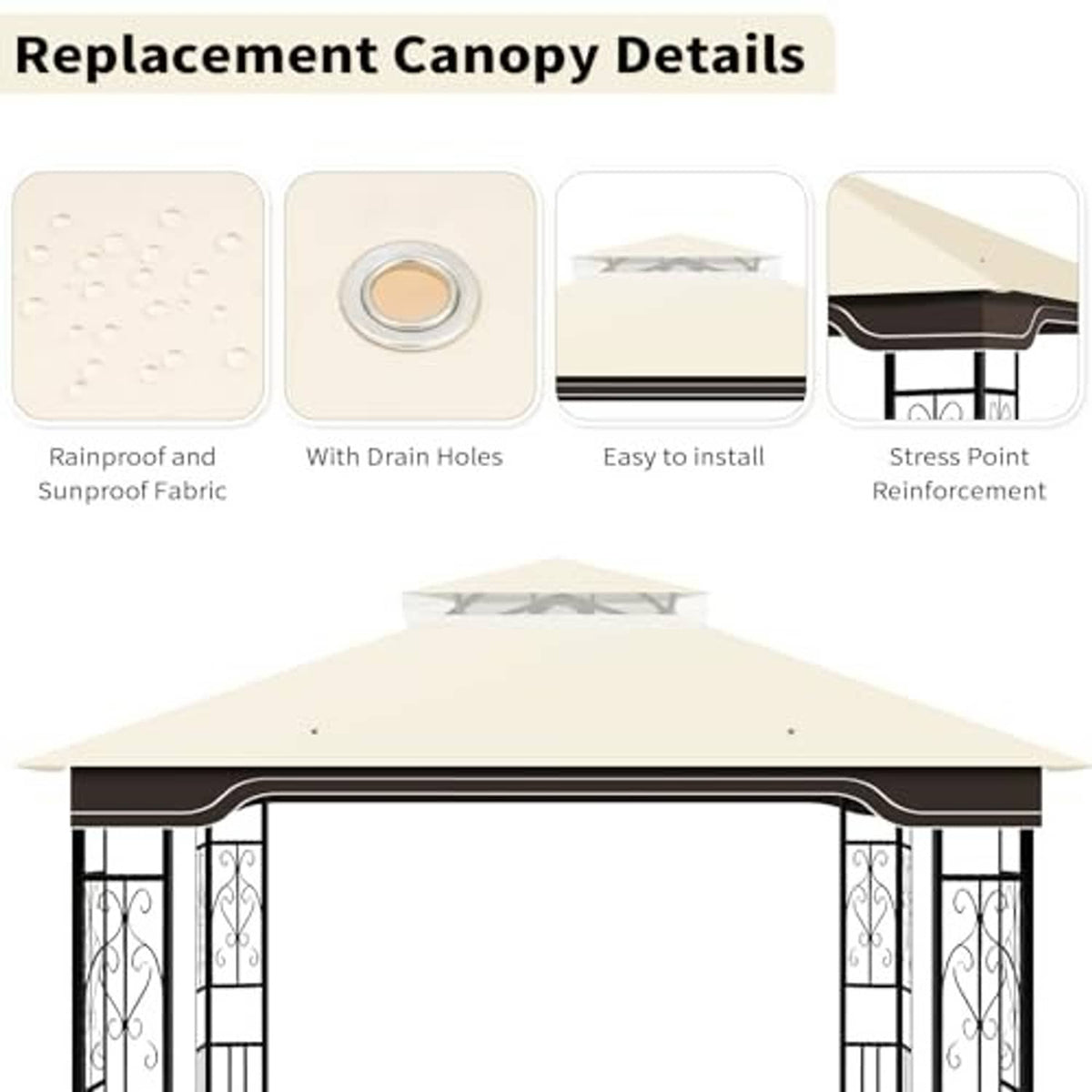 Beige replacement gazebo canopy with reinforced stress points and grommet details