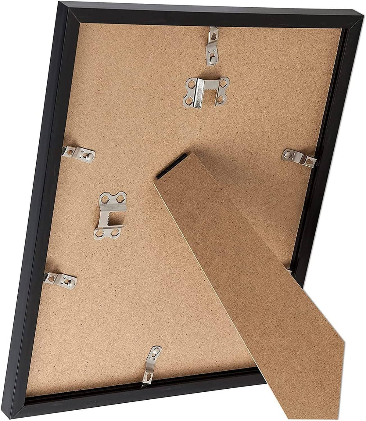 Black picture frame back with corkboard backing, metal clips, and folding display stand.