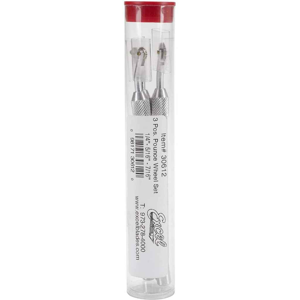 Stainless steel pounce wheel tool in clear tube with two perforating wheels