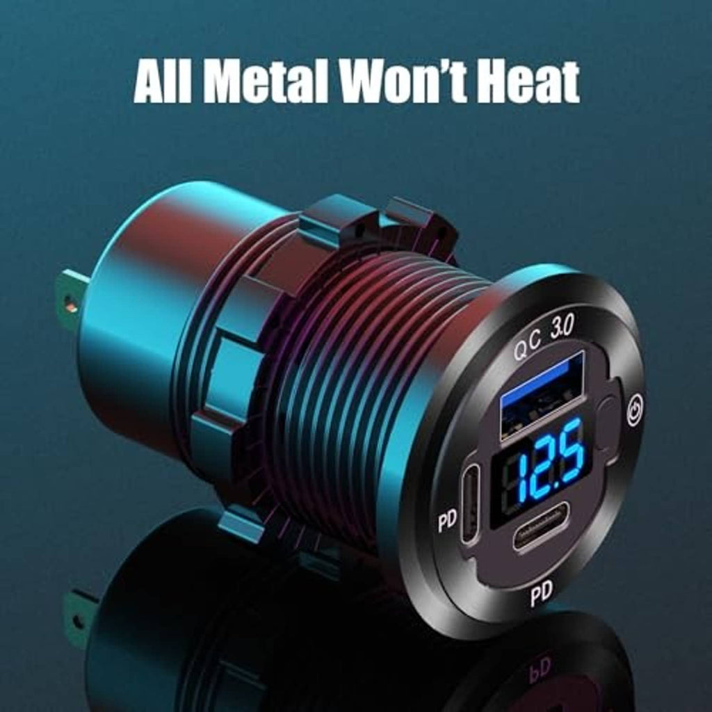 Metal car USB charger module with QC 3.0 and PD ports on circular housing