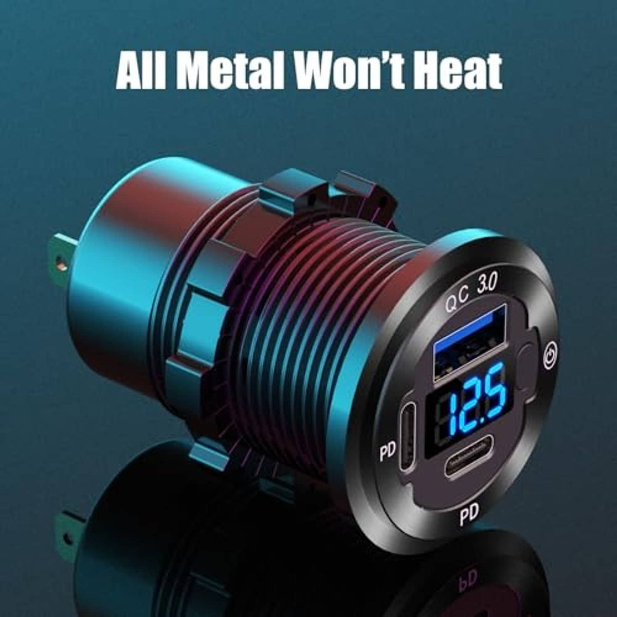 Metal car USB charger module with QC 3.0 and PD ports on circular housing