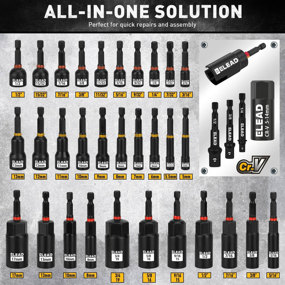 Magnetic nut driver bit set with multiple metric size drivers and labels