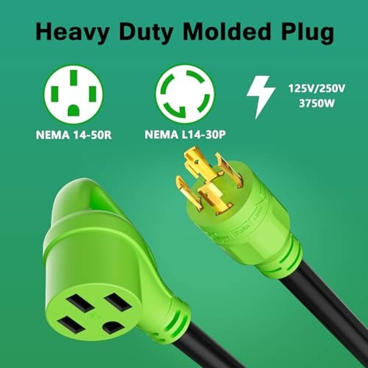 Heavy-duty molded RV adapter plugs, green and black cable with gold prong contacts