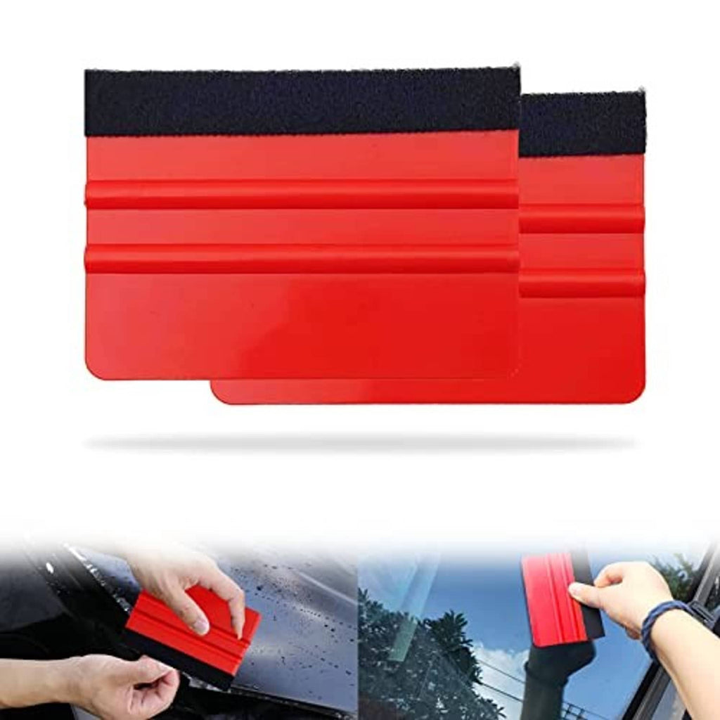 Stacked red felt-edge squeegees with black backing, vinyl wrapping scraper set