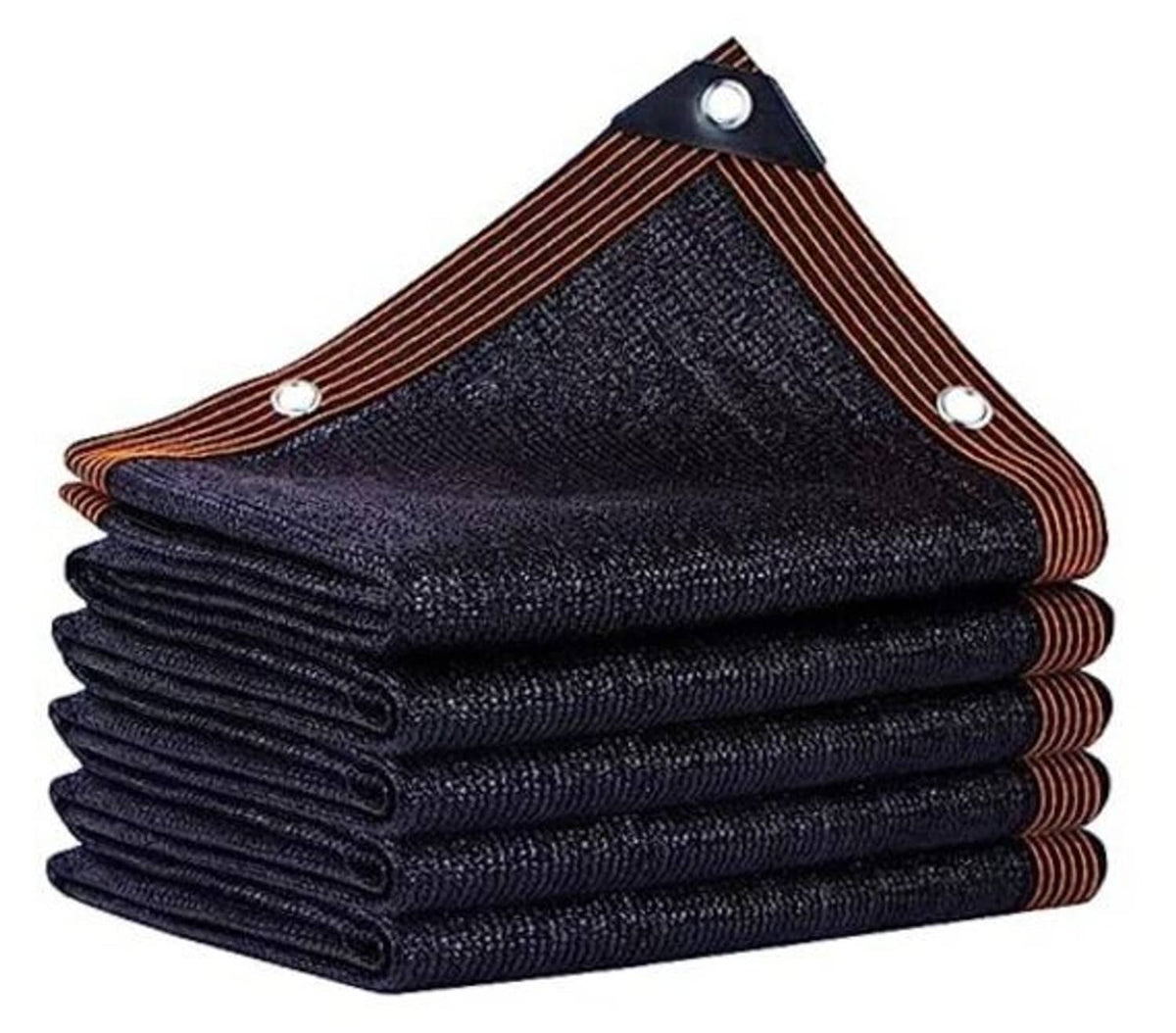 Dark mesh shade tarp, folded stack with brown edge trim and metal grommets