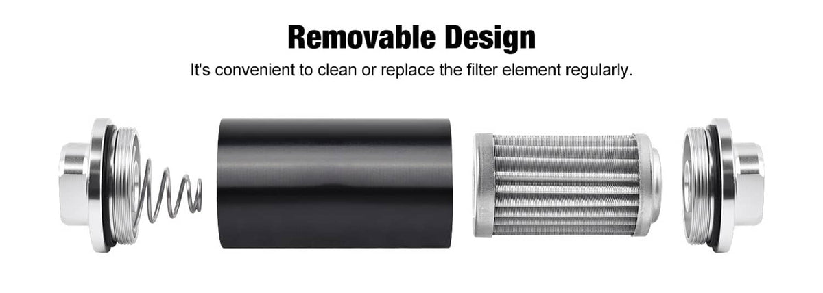 Inline fuel filter with removable design showing cartridge inside black housing